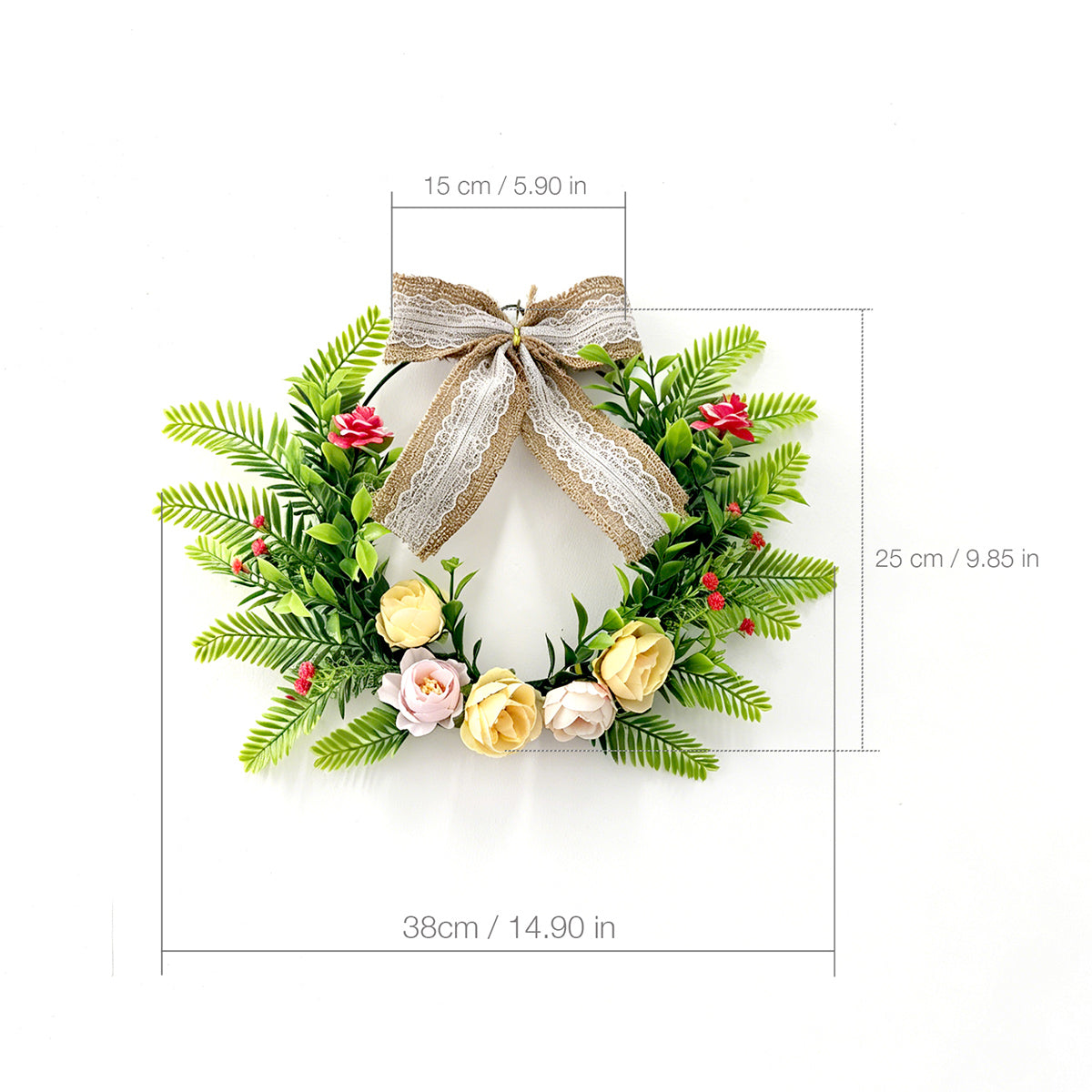 Rustic Hoop Wreath with Pastel Roses, Ferns & Burlap Lace Bow