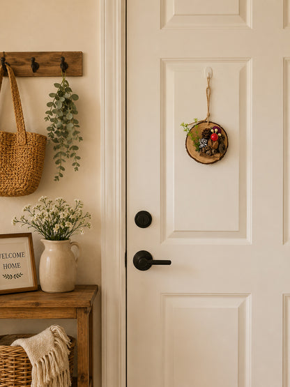Rustic Natural Wood Slice Hanging Decor with Pinecones, Berries & Dried Flowers