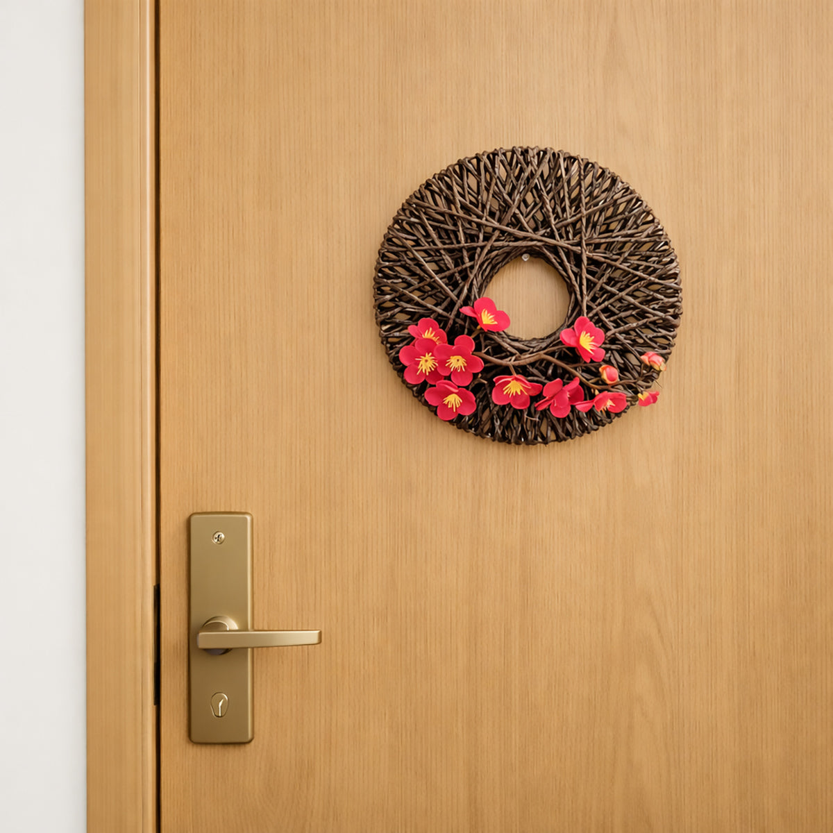 Japanese Zen Woven Rope Wreath with Pink Plum Blossoms for Wall Decor