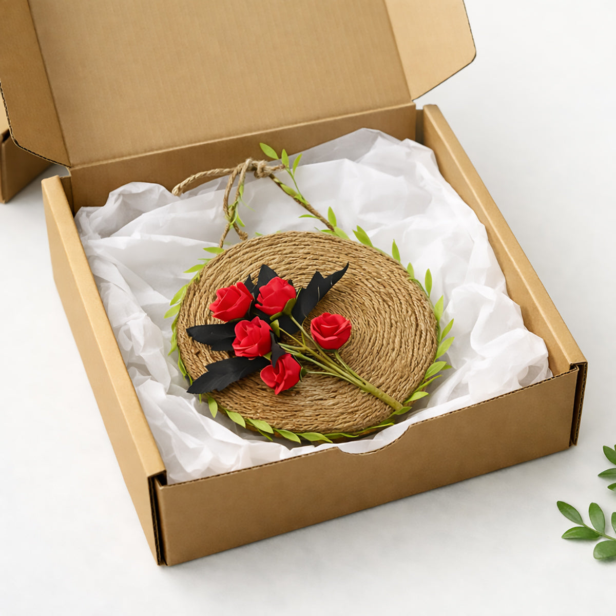 Rustic Woven Jute Rope Wall Disc with Red Silk Roses & Leaf Vine