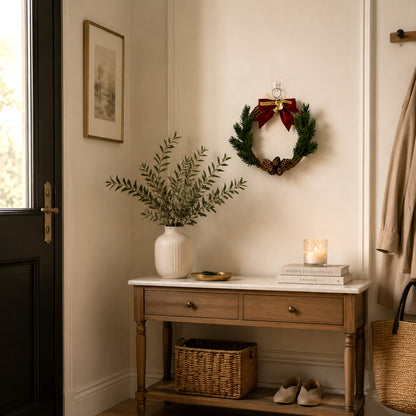 Rustic Rattan Christmas Wreath with Red Velvet Bow & Pinecones