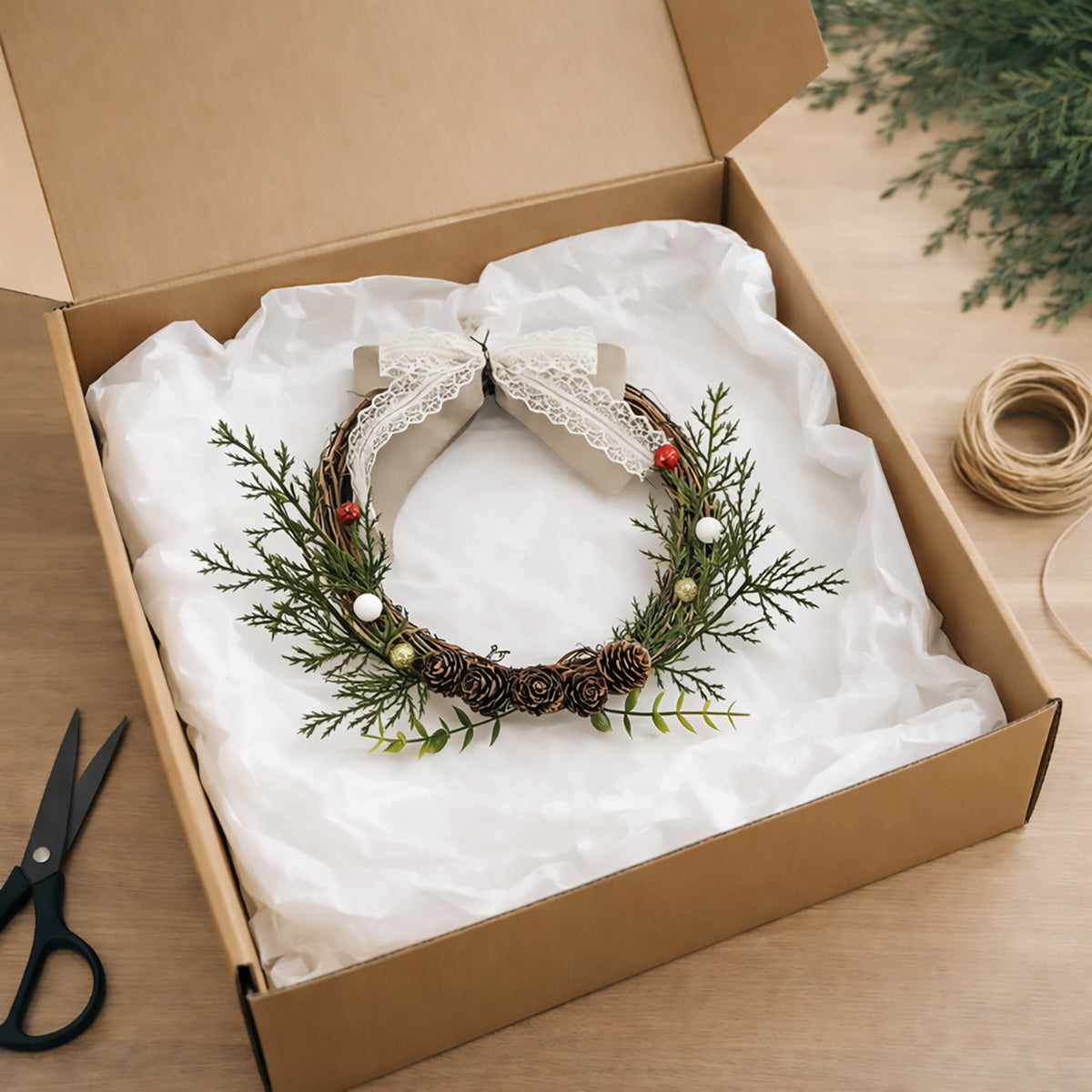 Rustic Cedar Grapevine Wreath with Lace Bow & Mini Berries