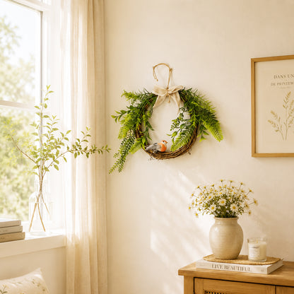 Rustic Grapevine Wreath with Artificial Bird, Greenery & Linen Bow