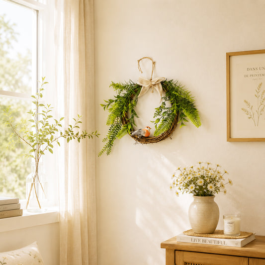 Rustic Grapevine Wreath with Artificial Bird, Greenery & Linen Bow