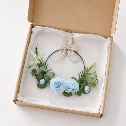 Light Blue Rose Metal Hoop Wreath with Hanging Ribbon & Lace Bow
