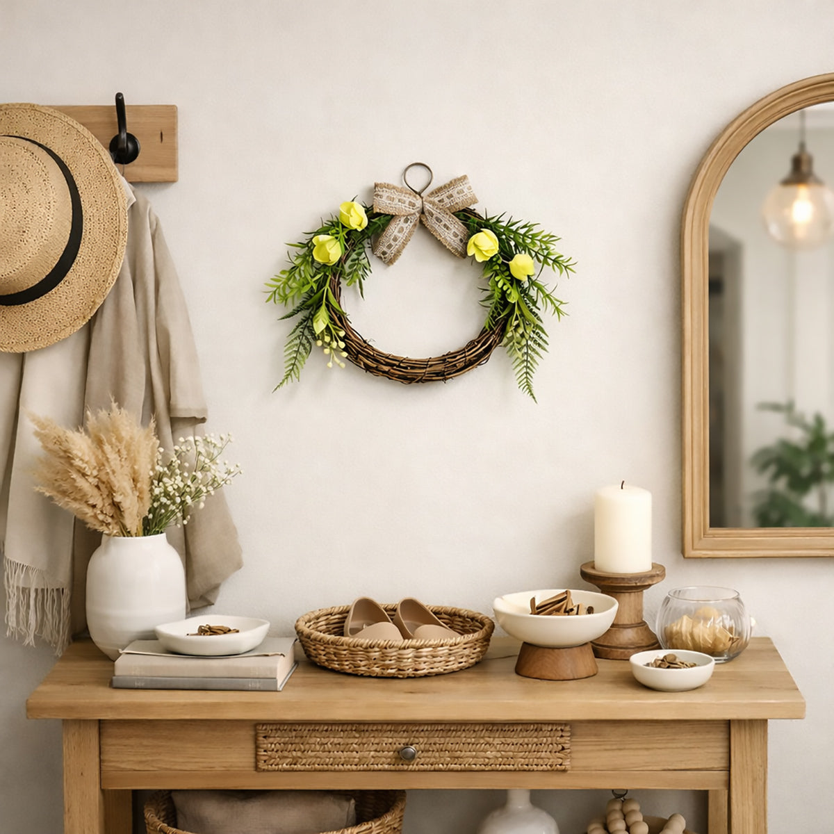 Rustic Grapevine Wreath with Yellow Roses, Ferns & Burlap Lace Bow