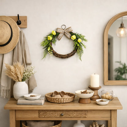 Rustic Grapevine Wreath with Yellow Roses, Ferns & Burlap Lace Bow