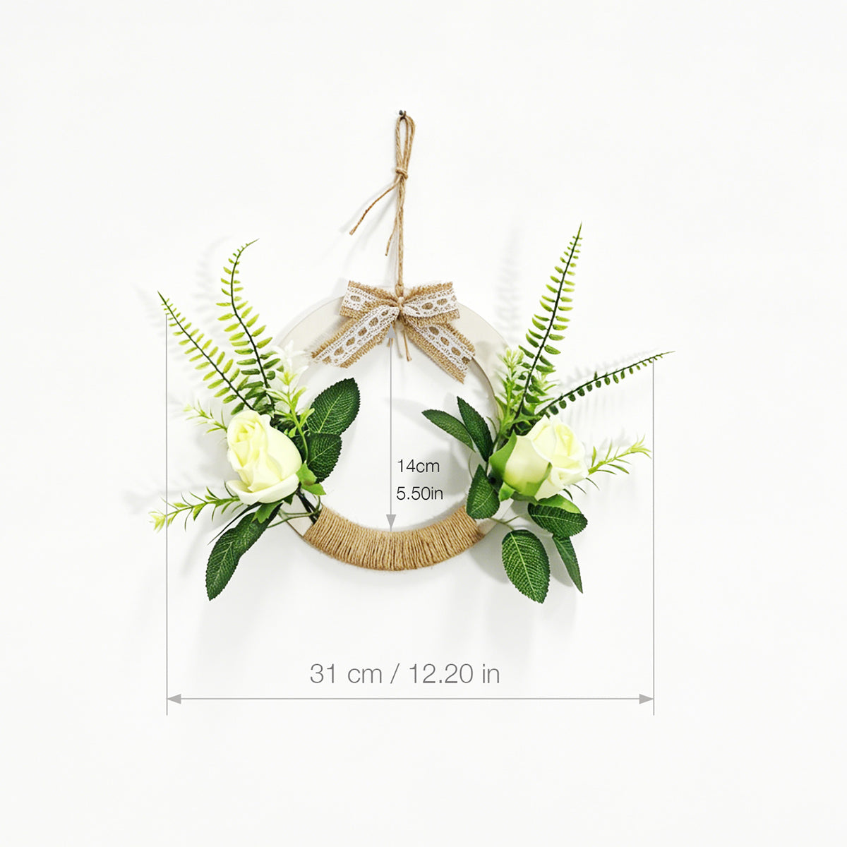 Rustic Wooden Hoop Wreath with Cream White Roses, Ferns & Lace Bow