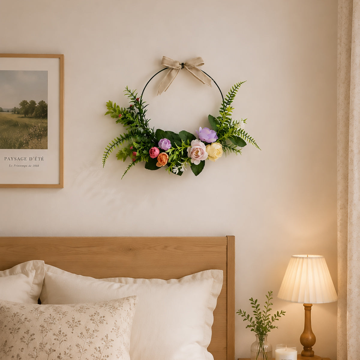 Modern Metal Hoop Wreath with Pastel Wildflowers & Linen Bow