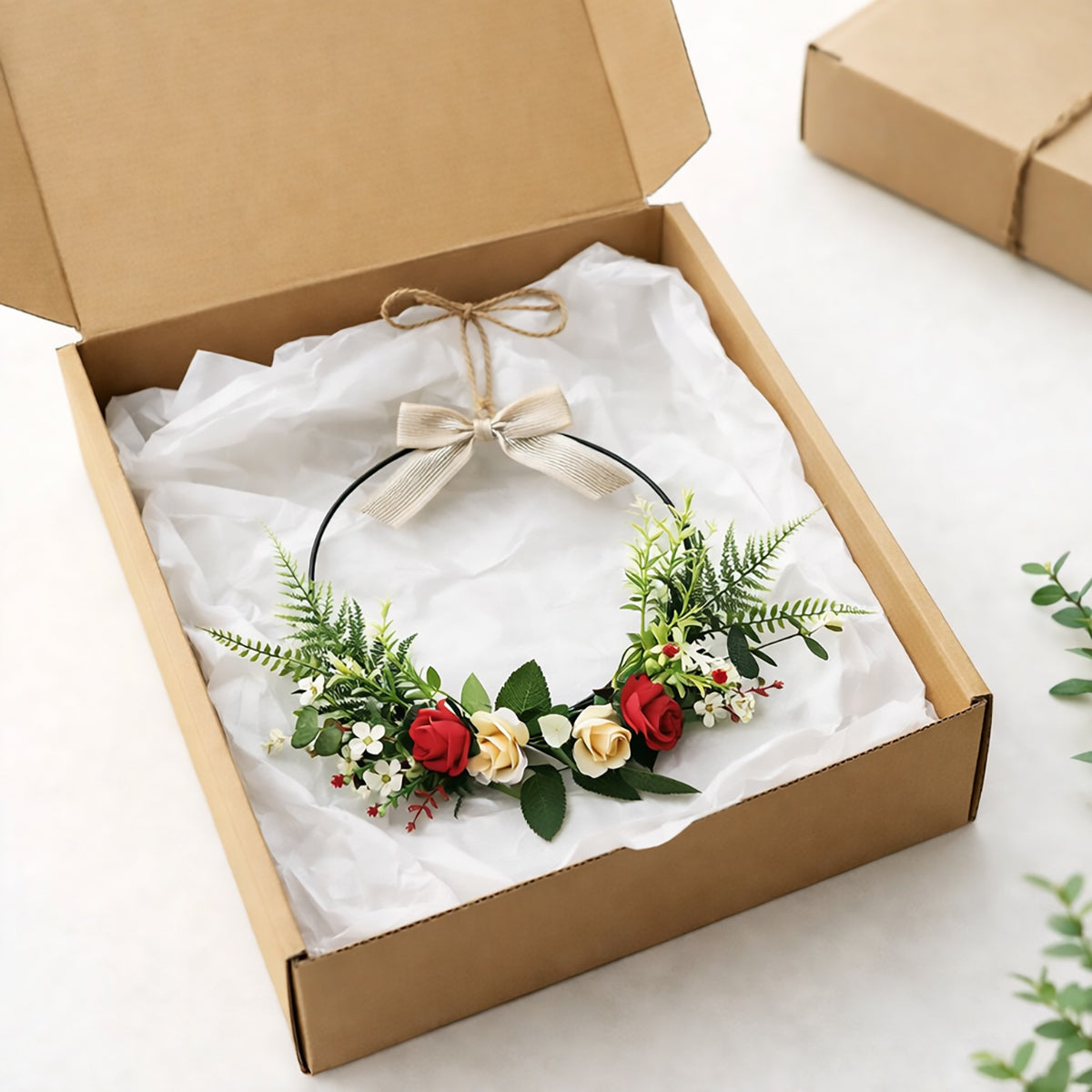 Modern Metal Hoop Wreath with Red & Cream Roses, Ferns & Linen Bow