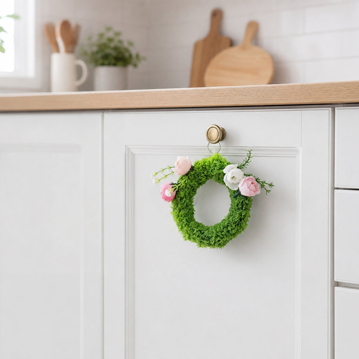 Mini Faux Green Moss Wreath with Pink & White Silk Camellias