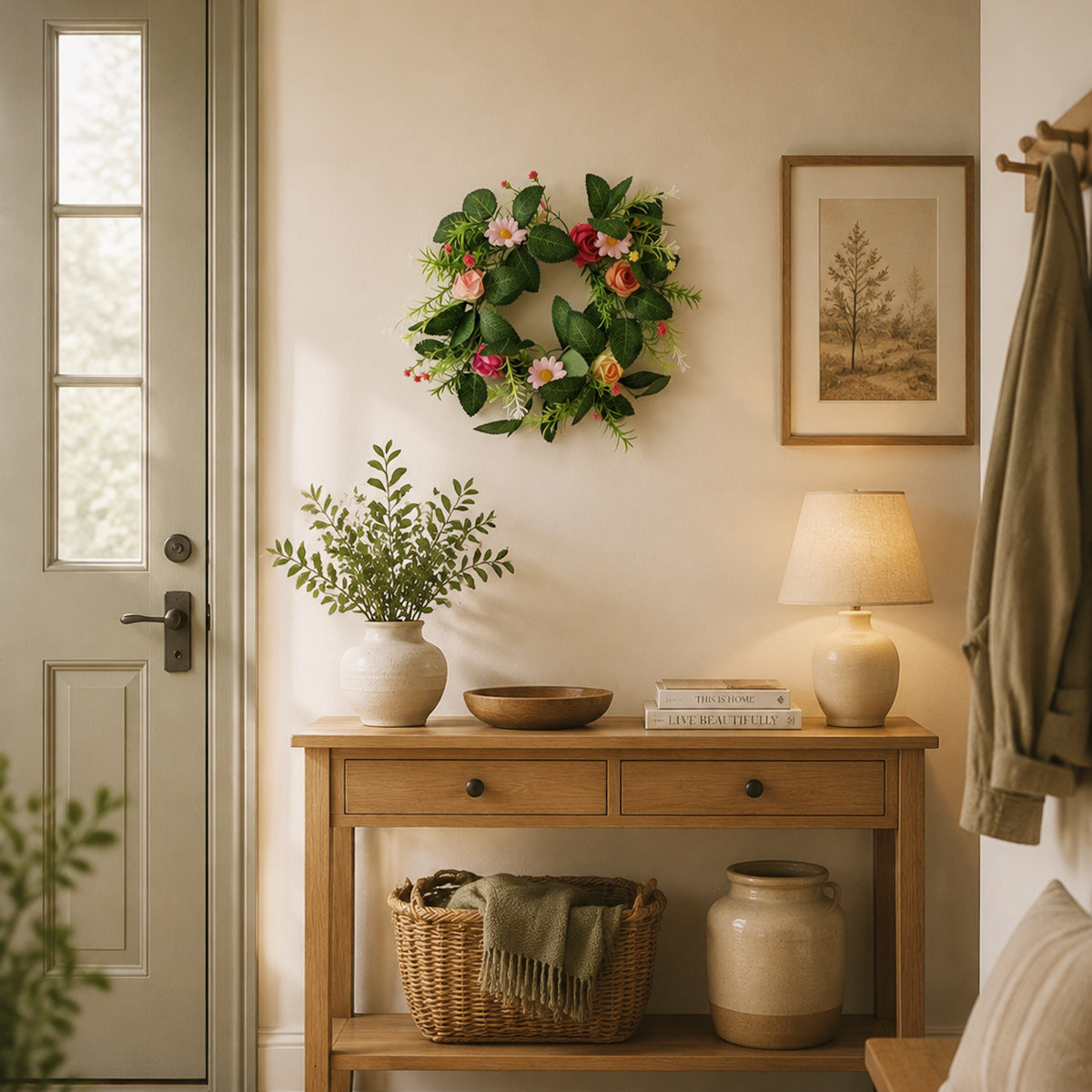 Artificial Spring Wildflower Wreath with Roses & Pink Daisies