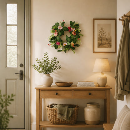 Artificial Spring Wildflower Wreath with Roses & Pink Daisies