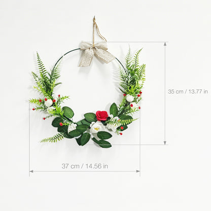 Modern Metal Hoop Wreath with White & Red Roses, Ferns & Lace Bow