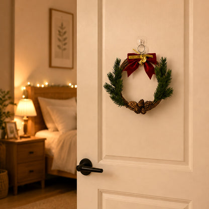 Rustic Rattan Christmas Wreath with Red Velvet Bow & Pinecones