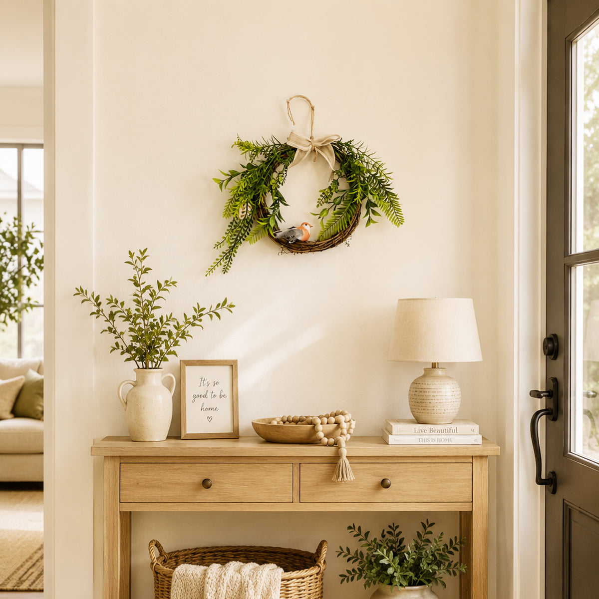 Rustic Grapevine Wreath with Artificial Bird, Greenery & Linen Bow