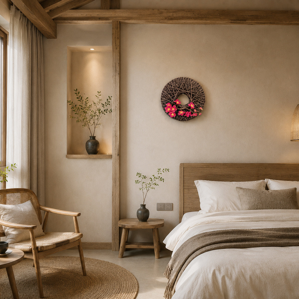 Japanese Zen Woven Rope Wreath with Pink Plum Blossoms for Wall Decor