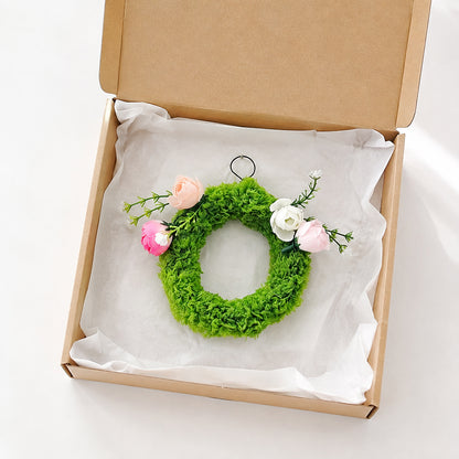 Mini Faux Green Moss Wreath with Pink & White Silk Camellias
