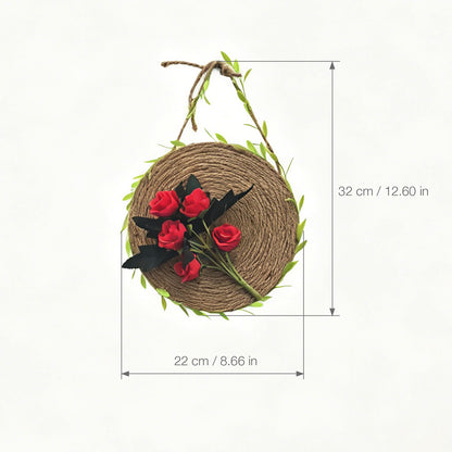 Rustic Woven Jute Rope Wall Disc with Red Silk Roses & Leaf Vine