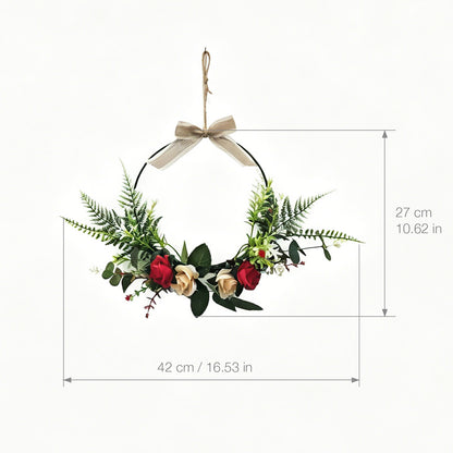Modern Metal Hoop Wreath with Red & Cream Roses, Ferns & Linen Bow