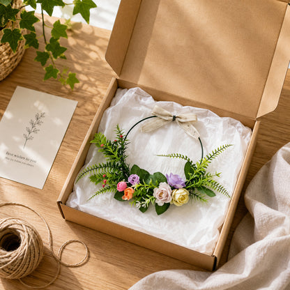 Modern Metal Hoop Wreath with Pastel Wildflowers & Linen Bow
