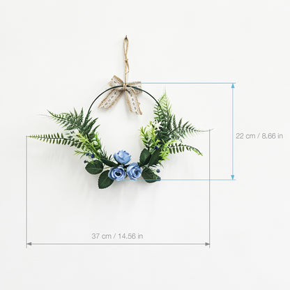 Dusty Blue Rose Hoop Wreath with Ferns & Burlap Lace Bow