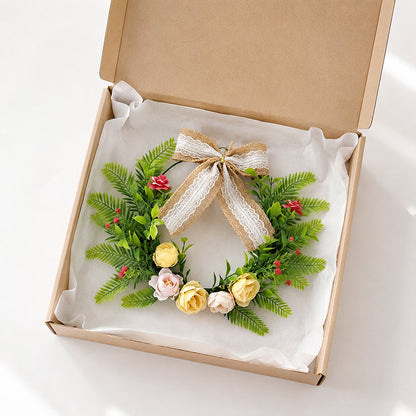 Rustic Hoop Wreath with Pastel Roses, Ferns & Burlap Lace Bow