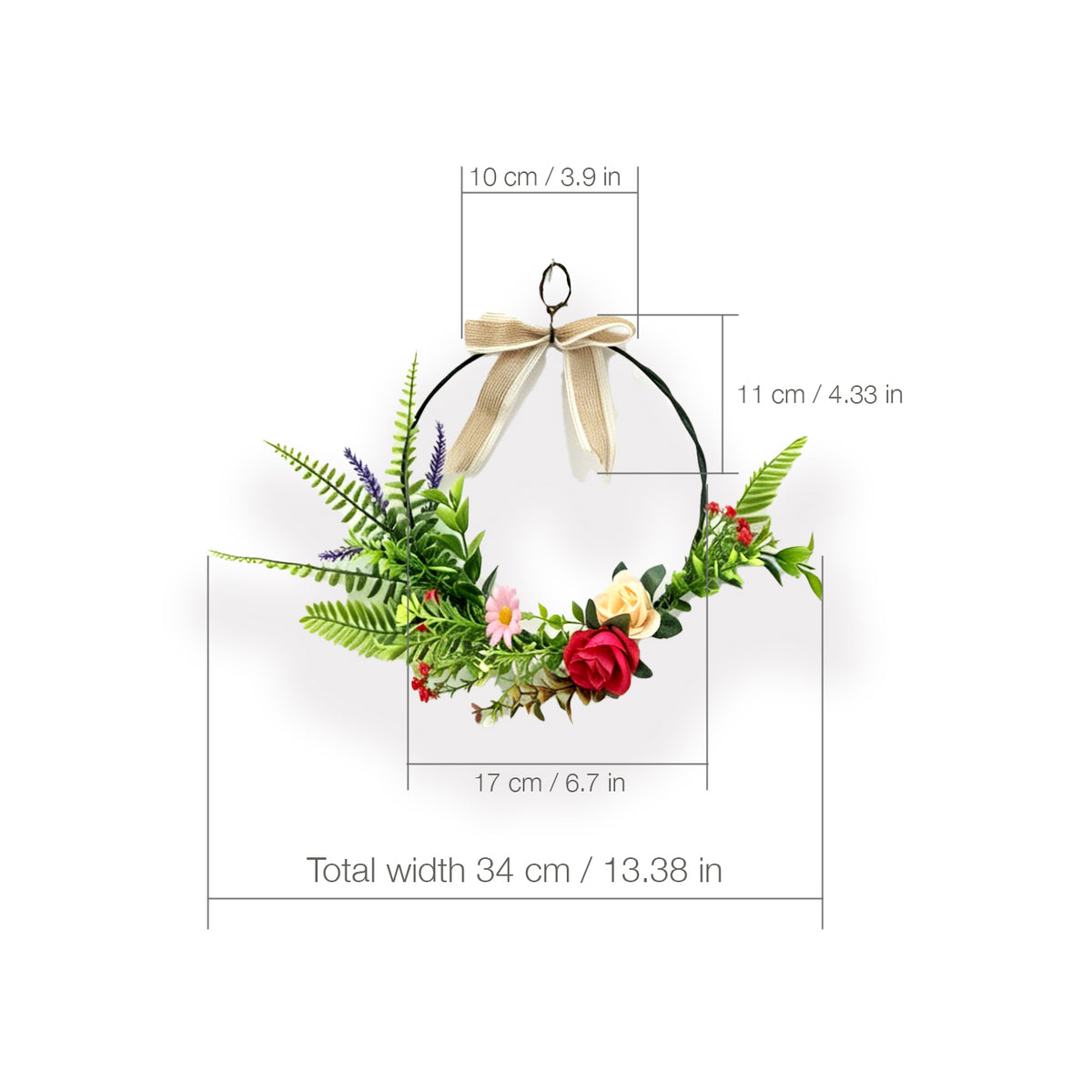 Modern Metal Hoop Floral Wreath with Roses, Lavender & Linen Bow