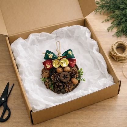 Rustic Wood Slice Christmas Ornament with Pinecones & Jingle Bells