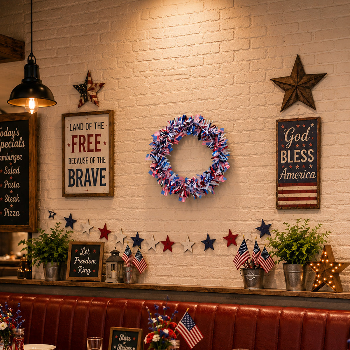 Patriotic 4th of July Metallic Tinsel Wreath with Mini US Flags