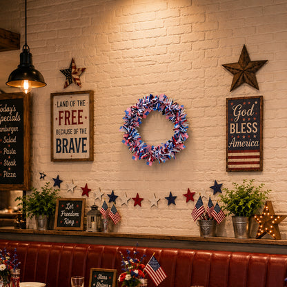 Patriotic 4th of July Metallic Tinsel Wreath with Mini US Flags