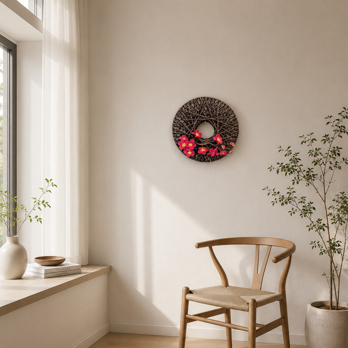 Japanese Zen Woven Rope Wreath with Pink Plum Blossoms for Wall Decor