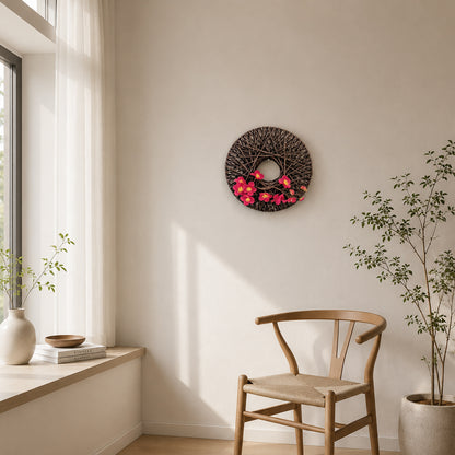 Japanese Zen Woven Rope Wreath with Pink Plum Blossoms for Wall Decor