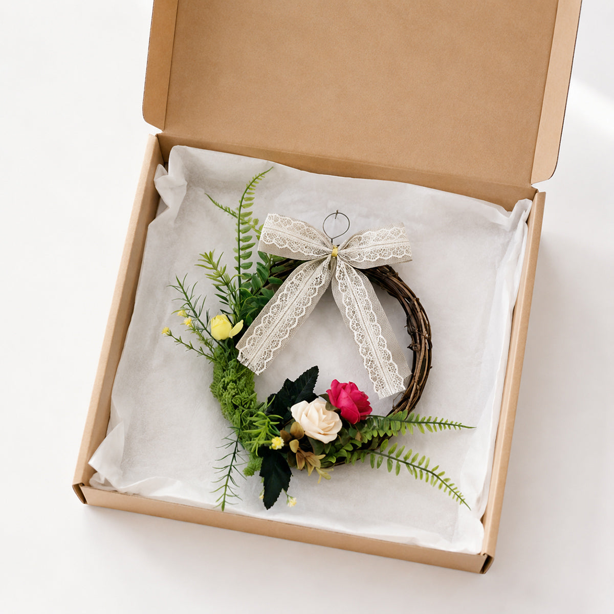 Rustic Grapevine Wreath with Crimson Roses, Ferns & Lace Bow