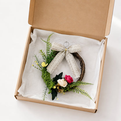 Rustic Grapevine Wreath with Crimson Roses, Ferns & Lace Bow