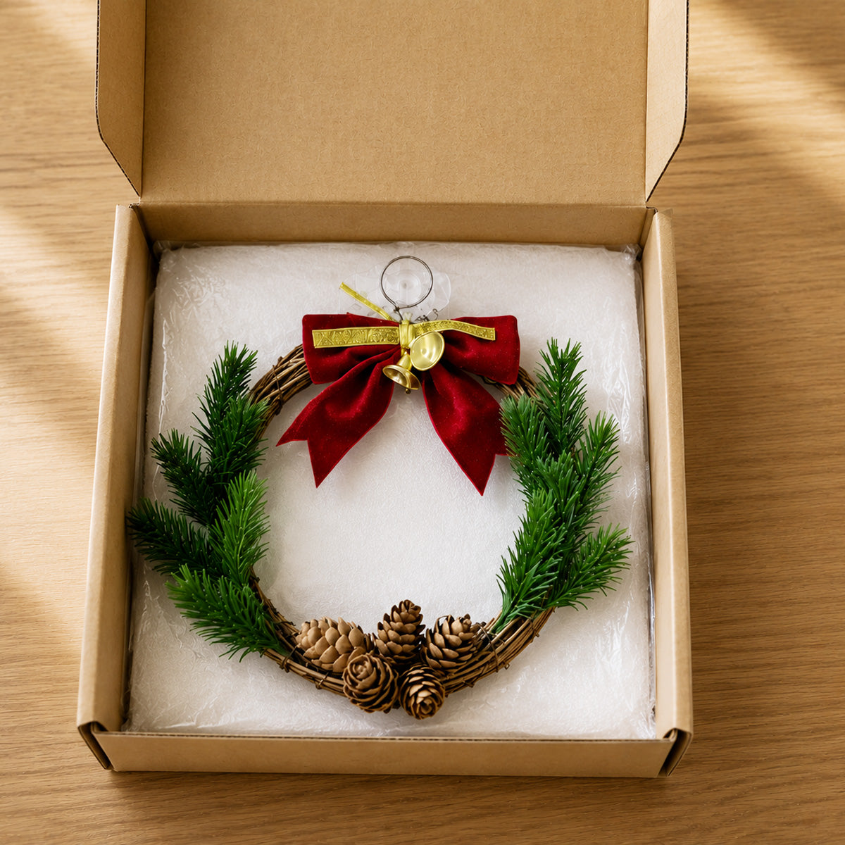Rustic Rattan Christmas Wreath with Red Velvet Bow & Pinecones