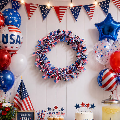 Patriotic 4th of July Metallic Tinsel Wreath with Mini US Flags