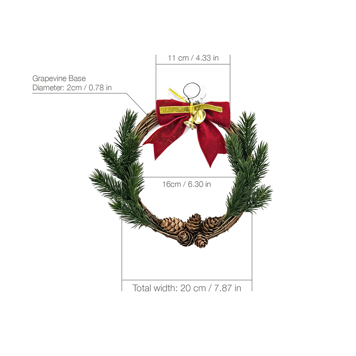 Rustic Rattan Christmas Wreath with Red Velvet Bow & Pinecones