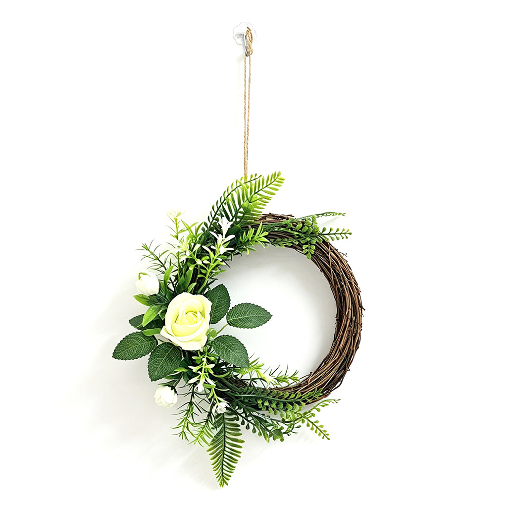 Artificial Greenery Wreath with White Roses, Fern Leaves & Rustic Vine Ring Decor