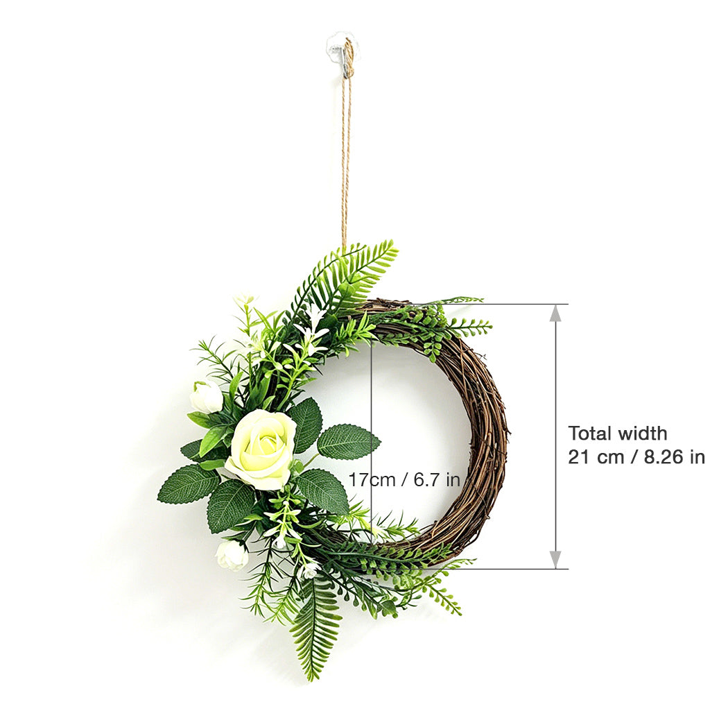 Artificial Greenery Wreath with White Roses, Fern Leaves & Rustic Vine Ring Decor