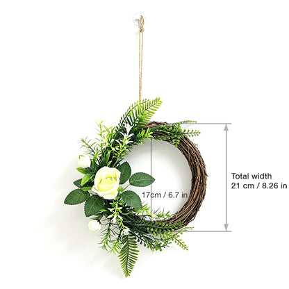 Artificial Greenery Wreath with White Roses, Fern Leaves & Rustic Vine Ring Decor