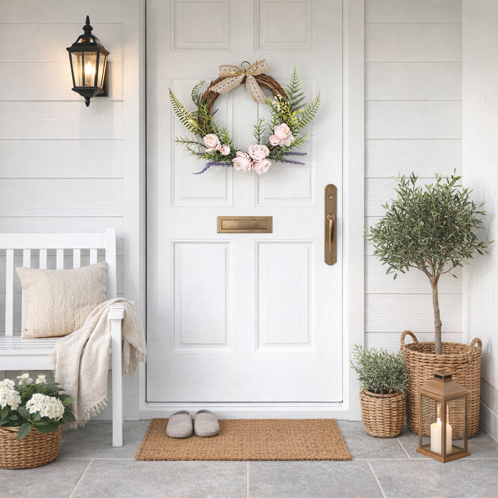 Pink Floral Wreath with Lace Bow, Romantic Farmhouse Door Decor for Home