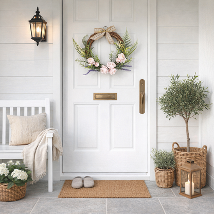 Pink Floral Wreath with Lace Bow, Romantic Farmhouse Door Decor for Home