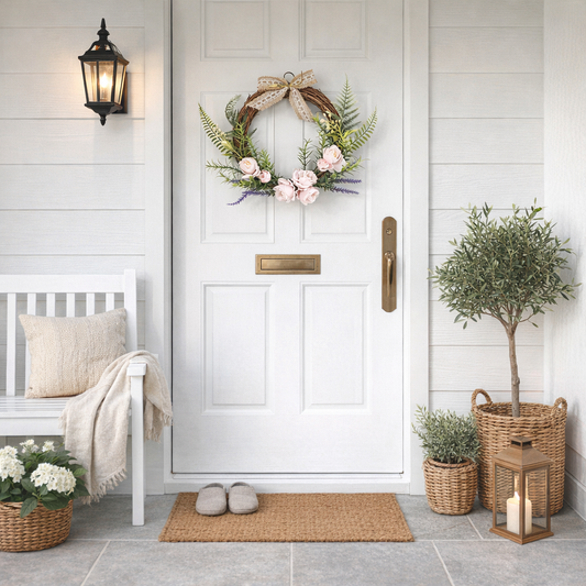 Pink Floral Wreath with Lace Bow, Romantic Farmhouse Door Decor for Home