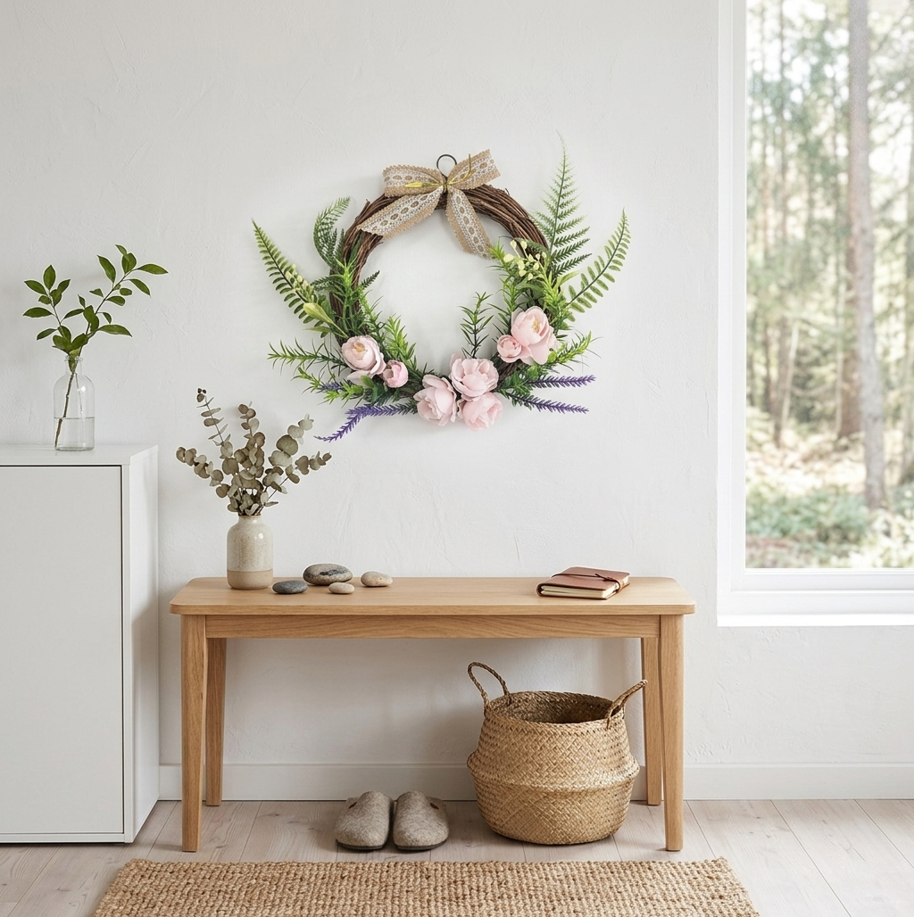 Pink Floral Wreath with Lace Bow, Romantic Farmhouse Door Decor for Home