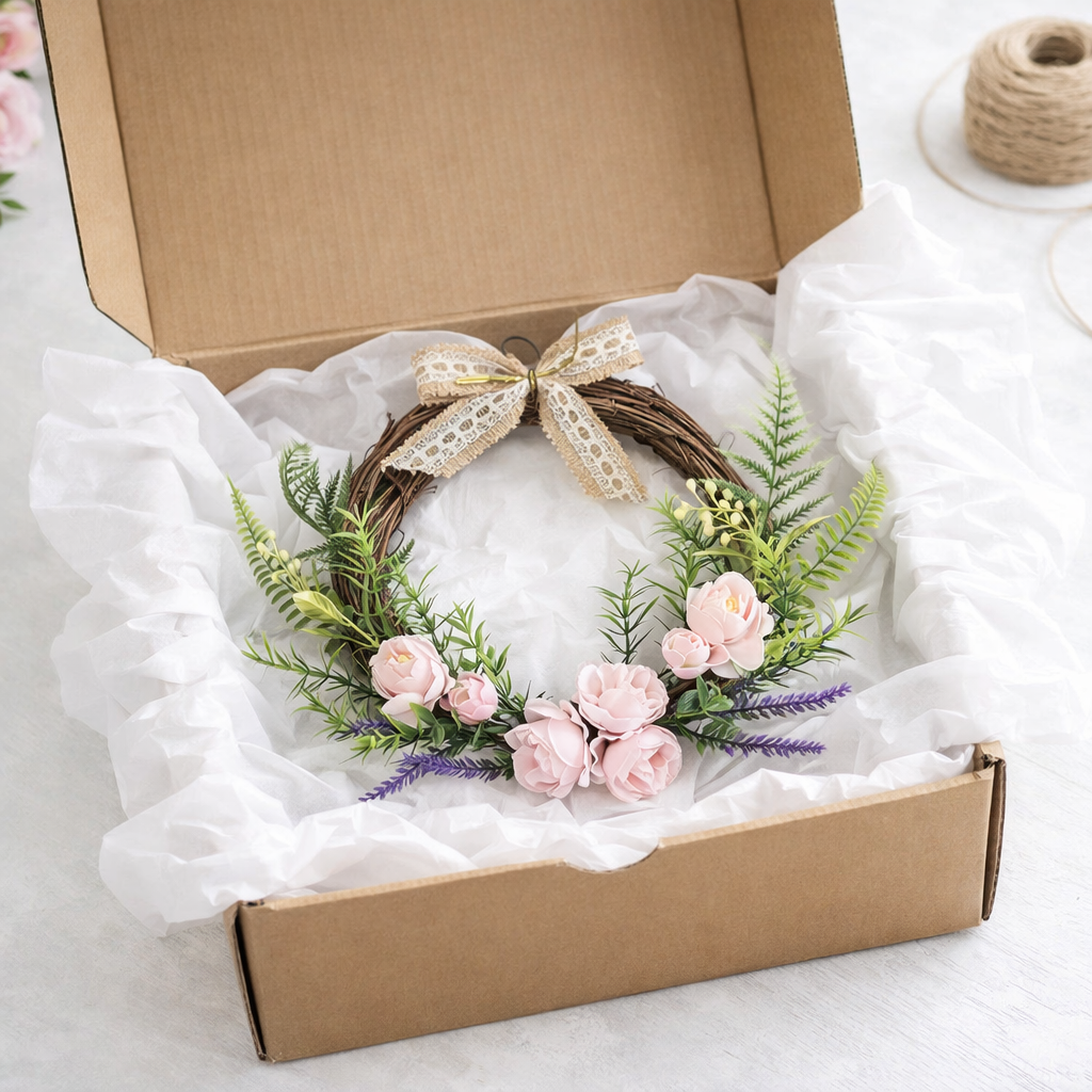 Pink Floral Wreath with Lace Bow, Romantic Farmhouse Door Decor for Home