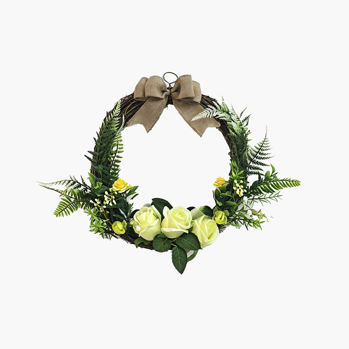 Artificial Floral Wreath with Greenery, White Roses & Burlap Bow Door Decor