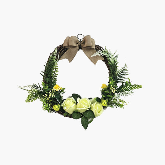 Artificial Floral Wreath with Greenery, White Roses & Burlap Bow Door Decor