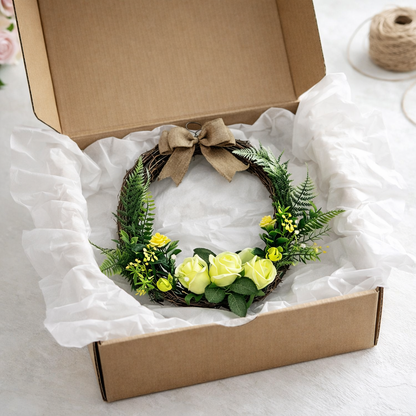 Artificial Floral Wreath with Greenery, White Roses & Burlap Bow Door Decor