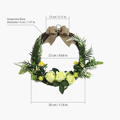Artificial Floral Wreath with Greenery, White Roses & Burlap Bow Door Decor